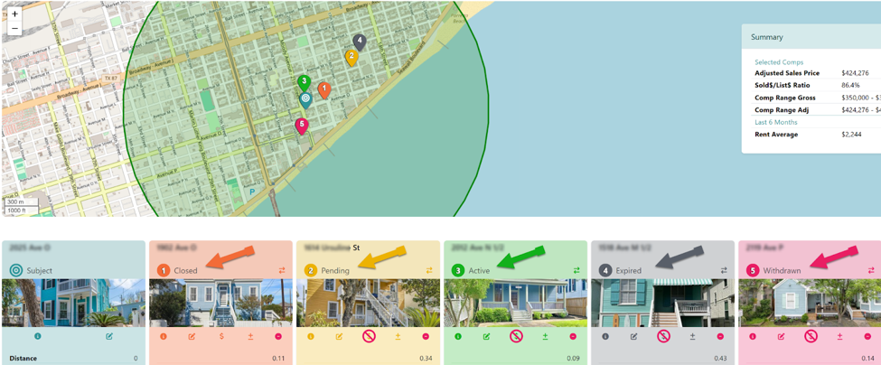 Image showing google-liek map with color coded pins in a number of locations showing possible comps for the CMA